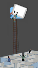 Office workers climb a ladder and escape work through a window hidden behind an escape key from a keyboard in a 3-d illustration.