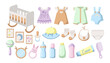© PCH.Vector - Newborn baby clothes and furniture cartoon illustration set. Collection of girls dress, socks, bib, soother, comb, toys, bodysuit, crib or baby bed. Childhood, maternity, greeting, birthday concept