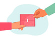 Hands holding feminine pad packaging. Girl giving sanitary napkin to friend flat vector illustration. Hygiene, menstruation, health concept for banner, website design or landing web page