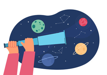 Poster - Stars and planets on night sky and hands holding spyglass. Person looking at constellations through telescope flat vector illustration. Astronomy, space, education concept for banner, website design