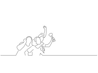 Wall Mural - Happy teammates in line art drawing style. Sport celebration of a group of young people. Black linear sketch isolated on white background. Vector illustration design.