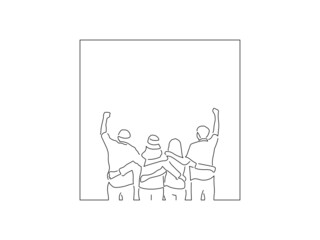 Wall Mural - Happy teammates in line art drawing style. Sport celebration of a group of young people. Black linear sketch isolated on white background. Vector illustration design.