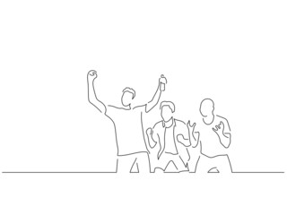 Wall Mural - Happy teammates in line art drawing style. Sport celebration of a group of young people. Black linear sketch isolated on white background. Vector illustration design.