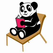 Vector Cute Panda Having Fun On Vacation Sitting Relaxed Reading A Book.  Novel, Pen, Quill