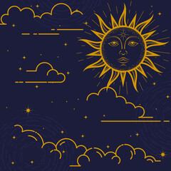Wall Mural - mystical background, sun with face, clouds and stars, esoteric and astrological design, magic sun, v