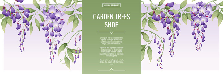 Banner with purple wisteria. Shop for flowers and garden plants. Poster,template, cover, web banner for product advertising.