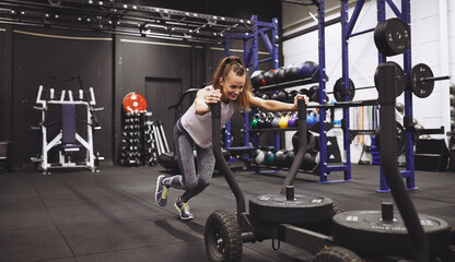 Mature woman pushing a wheeled sled at the gym