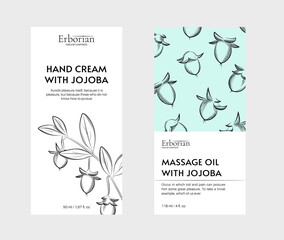 Wall Mural - Packaging design for herbal cosmetics. Hand drawn vector illustration jojoba