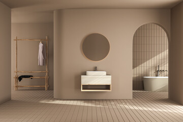 Beige minimalist bathroom interior with  sun rays, clothing rack, cabinet,  oval mirror,  sink, bathtub. Concept of minimal design. 3d rendering