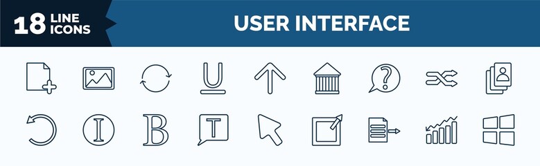 Poster - set of user interface web icons in outline style. thin line icons such as new page, underline, question button, rotate left, text box, export archive, decreasing bars chart, window graphic vector.