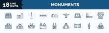 Set Of Monuments Web Icons In Outline Style. Thin Line Icons Such As Pula Arena, Bridge Of The West, Abu Simbel, Milan Cathedral, Blue Domed Churches, Barcelona, The Clock Tower, Shrine Of