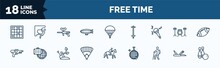 Set Of Free Time Web Icons In Outline Style. Thin Line Icons Such As Sudoku, Airship, Concert, Water Gun, Baseball Field, Trekking, Multitool, Bowling Vector.