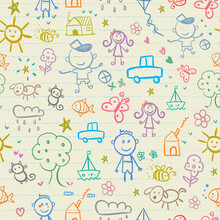 Seamless Background With Children Animals And Flowers Elements. Hand Drawn Children Drawings Color Seamless Pattern. Doodle Children Drawings.