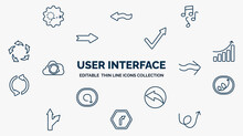 Concept Of User Interface Web Icons In Outline Style. Thin Line Icons Such As Scribble Broken Line, Musical, Check Mark Arrow, Increase Success, Undulating Arrow, Scribble Right Arrow, Back Turn