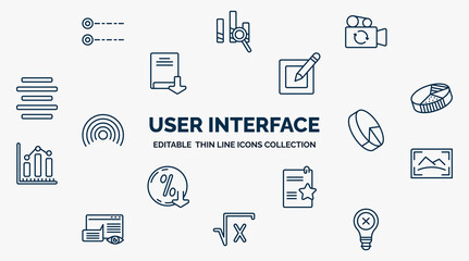Poster - concept of user interface web icons in outline style. thin line icons such as radio button, switch video, writing square, pie with four areas, 3d pie chart, photo size, documents with a star, square