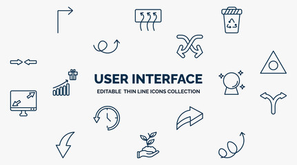 Poster - concept of user interface web icons in outline style. thin line icons such as right arrow with turn, recycling container, move content, triangular, psychic, bifurcation, 3d forward arrow, hand and