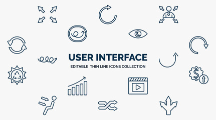 Poster - concept of user interface web icons in outline style. thin line icons such as size, multitasking worker, viewer, rotating arrows, semicircular up arrow, improve incomes, movie play button,