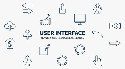 Poster - concept of user interface web icons in outline style. thin line icons such as opposite directions, 41 alu, display, rewind, sketched arrow, arrow pointing right, circular arrow, selectioned circle,