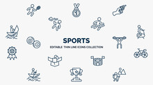 Concept Of Sports Web Icons In Outline Style. Thin Line Icons Such As Man Playing Badminton, Starting Gun, Marathon Champion, Exercise Gym, Man Lifting Weight, Racing Bike, Estadio, Sport Trophy,