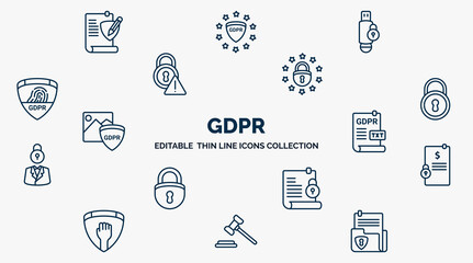 Poster - concept of gdpr web icons in outline style. thin line icons such as rectification, pendrive, eu, key, text file, penalty, code of conduct, auction, document vector.