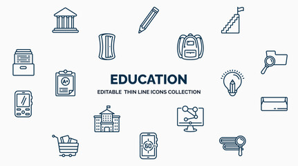 concept of education web icons in outline style. thin line icons such as bank, steps to complete, school bag, searching files, having an idea, closed envelope, science in a laptop, digital display