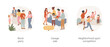 © Vector Juice - Neighborhood events isolated cartoon vector illustration set. Block party, people queueing for barbecue outdoor, residential area, garage sale, sport competition, urban runners vector cartoon.