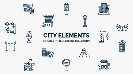 Sticker - concept of city elements web icons in outline style. thin line icons such as supermarket, skyscrapper, street lamp, chair and table, tower crane, phone booth, slide, stop, fire truck vector.