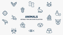 Concept Of Animals Web Icons In Outline Style. Thin Line Icons Such As Chihuahua, Crab, Sitting Rabbit, Baby Chicken, Cage, Pit Bull, Dog Head, Fish Eye, Pet Food Vector.
