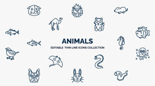 Concept Of Animals Web Icons In Outline Style. Thin Line Icons Such As Guinea Pig Heag, Mole, Siberian Husky, Piranha, Seahorse, Octopus, Moray, Rabbit, Eel Vector.