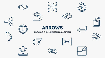 Poster - concept of arrows web icons in outline style. thin line icons such as loop arrows, reload time, rewind, extract, left direction, next, horizontal merge, transfer, minimize arrows vector.