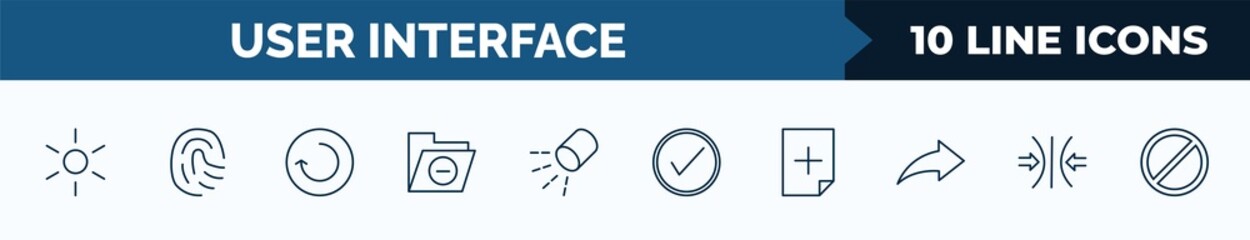 Poster - set of 10 user interface web icons in outline style. thin line icons such as birghtness, finger prints, reload, remove, lightining, check square, new file, compress vector illustration.