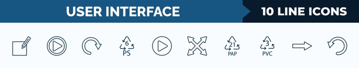 Poster - set of 10 user interface web icons in outline style. thin line icons such as make, press play button, redo arrow, 6 ps, right arrow play button, expand button, 21 pap, arrow pointing right vector