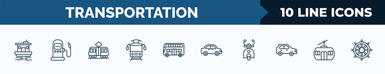 Poster - set of 10 transportation web icons in outline style. thin line icons such as houseboat, fuel dispenser, tramway, tram front view, double decker bus, automobile, scooter front view, chairlift vector