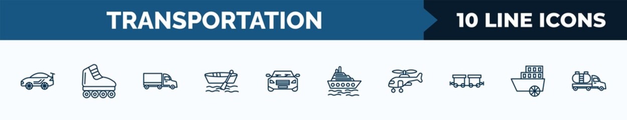 Poster - set of 10 transportation web icons in outline style. thin line icons such as sport car, inline skate