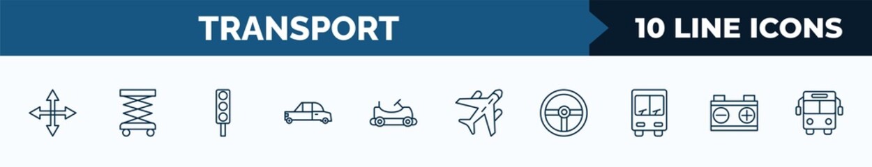 Poster - set of 10 transport web icons in outline style. thin line icons such as movement, lifter, car traffic, midget car, go kart, air transport, steering, workshop repair vector illustration.