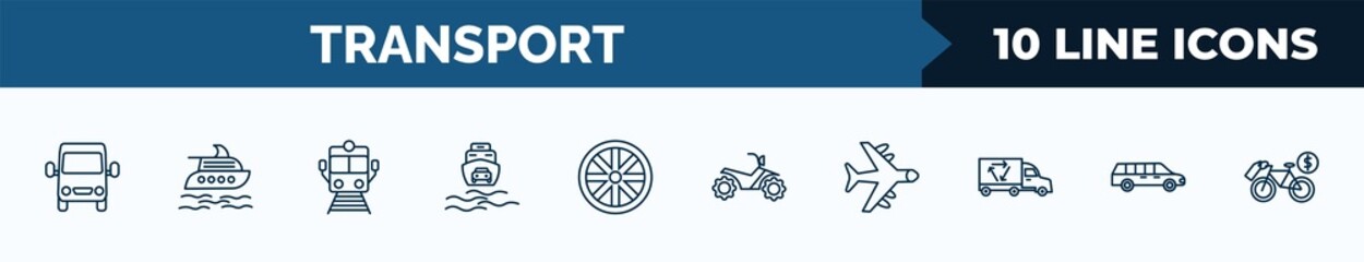 Poster - set of 10 transport web icons in outline style. thin line icons such as van front view, luxury yacht, train front view, ferry carrying cars, alloy wheel, quad bike, airplane flying, long car vector