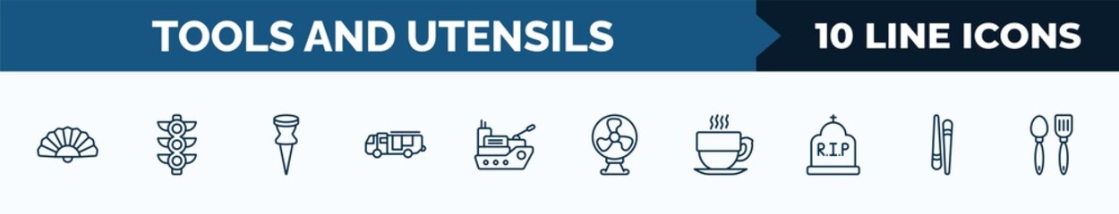 Poster - set of 10 tools and utensils web icons in outline style. thin line icons such as chinese fan, semaphore light, attached, firetruck, navy, table fan, hot cup of coffee, chopsticks vector