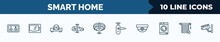 Set Of 10 Smart Home Web Icons In Outline Style. Thin Line Icons Such As Meter, Intercom, Cd Player, Autonomous Car, Fire Alarm, Smart Lock, Security Camera, Jalousie Automation Vector Illustration.