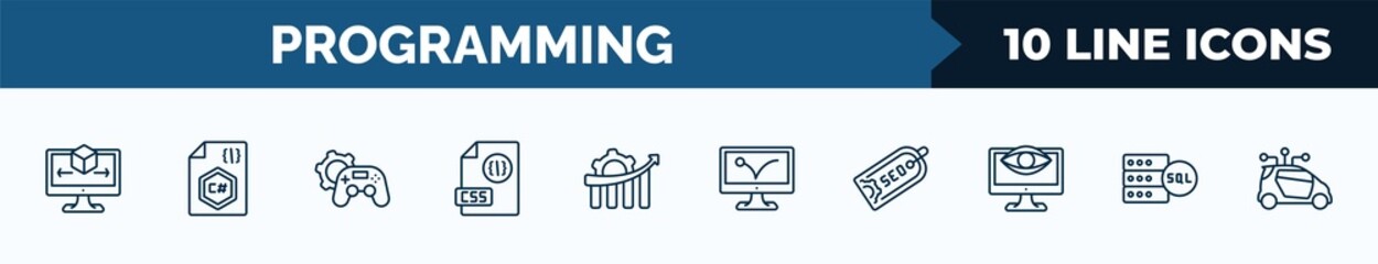 set of 10 programming web icons in outline style. thin line icons such as simulation, c sharp, game development, css file format, seo growth, advertising bounce, seo tags, mysql vector illustration.