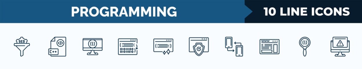 set of 10 programming web icons in outline style. thin line icons such as seo funnel, programming language, computing, compiler, clean code, authorize, cross-platform, code review vector