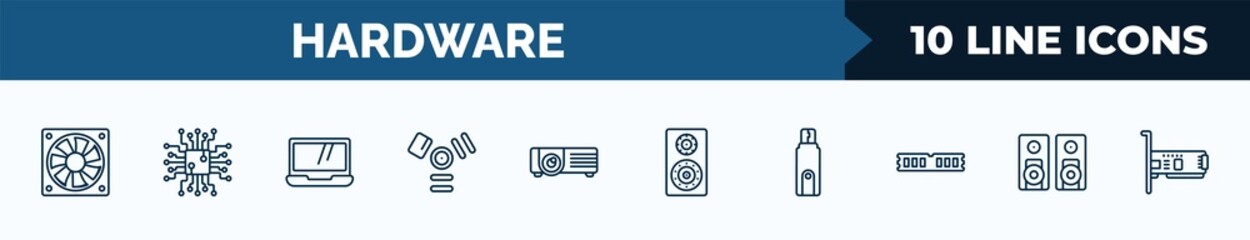 Poster - set of 10 hardware web icons in outline style. thin line icons such as computer fan, circuits, laptop screen, firewire, video projector, loudspeakers, flash card, two stereo speakers vector