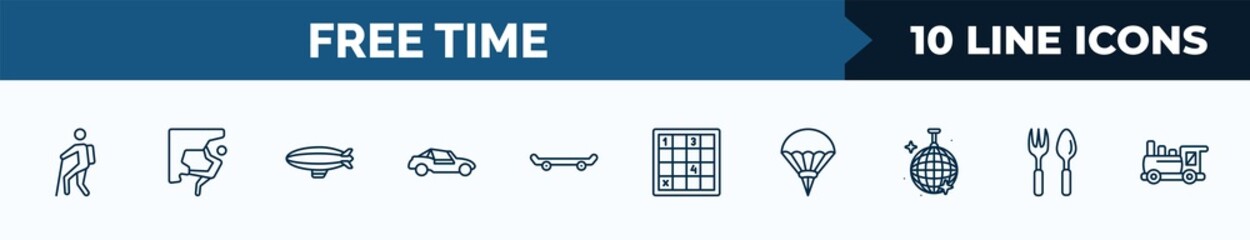 Poster - set of 10 free time web icons in outline style. thin line icons such as trekking, climb, airship, buggy, skate, sudoku, parachuting, gardening tools vector illustration.