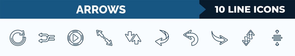 Poster - set of 10 arrows web icons in outline style. thin line icons such as refresh, no shuffle, play button, diagonal resize, sort, curved down left arrow, backward arrow, up and down arrows vector