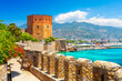 Panoramic view of the harbor of Alanya on a beautiful summer day. Alanya, Turkey 