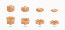 Carton Box Collection. Opened And Closed Carton Boxes. Cardboard Box Set Isolated On Transparent Background. Delivery Package. Realistic 3d Design Gift Box. Vector Graphic Illustration. EPS 10