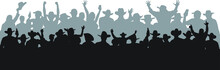 Vector Silhouette Of A Group Of Cowboy And Cowgirls Cheering, Celebrating Or Partying At A Rodeo Or Country Music Concert.