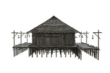 Old Wooden Swamp House Built On Stilts Over Water. 3d Rendering Isolated On White With Clipping Path.