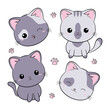 Słodki kotek w łaty. Zestaw zwierzaków z różnymi minami i w różnych pozach. Kot w stylu kawaii. Ilustracja wektorowa na białym tle.