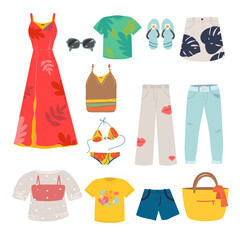 Wall Mural - Woman summer clothing vector icon set. dress, sundress, shorts, skirt, shoes, bag, T-shirt, hat, glasses 