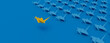 © RocknRoller Studios - Yellow Origami Bird Leading the Group. Modern Victory Concept on Blue Background with Copy Space.